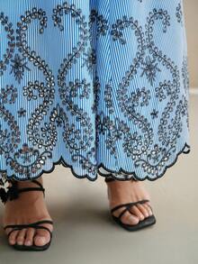 Anewsta 加大码条纹刺绣半身裙，适合春季、节日、假日、度假，优雅女士连衣裙 - 藍色 - 查看 5