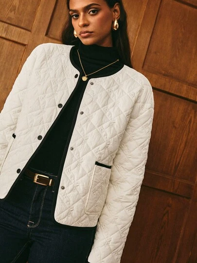 Poéselle 女士休闲绗缝纽扣式加厚外套，秋冬