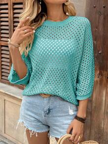 EMERY ROSE Casual Loose Round Neck Batwing Sleeves Hollow Knitted Apricot Sweater For Women, Spring And Autumn - Mint Blue - View 4