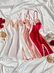 SilkySpell Bộ 3 váy ngủ khoét sâu gợi cảm cho nữ, chất liệu satin thanh lịch kết hợp nhiều màu sắc, ren thêu, phù hợp mặc trong mọi mùa như đồ ngủ hoặc đồ mặc ngoài - Nhiều màu - Xem 4