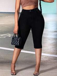 SHEIN CURVE+ Pantalones vaqueros capri ajustados de estilo vaquero para mujer de talla grande, pantalones cortos para montar en invierno - Negro - Ver 4