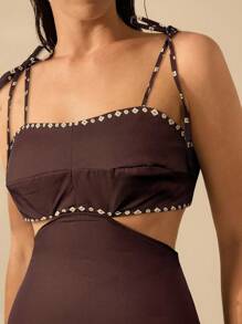 CAJUNI 女式波西米亚风香蕉树印花镂空腰后绑带无袖黑色连衣裙，假日休闲夏装 - 棕色 - 查看 5