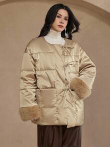 DAZY 新款中国风复古拼布蓬松袖口宽松加厚棉服女秋冬外套 - 香檳色 - 查看 3