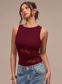 SHEIN BAE Women's Solid Color Lace Patchwork Sheer Round Neck Sleeveless Bodysuit - Burgundy - View 4
