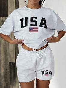 INAWLY Set de 2 piezas para mujer con estampado de la bandera de Estados Unidos, de estilo casual y holgado, para el verano