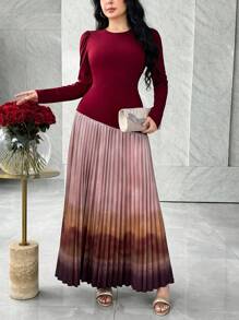 Modelyn 韩版百褶印花拼色腰部收腰长袖优雅通勤连衣裙 - 酒紅色 - 查看 1