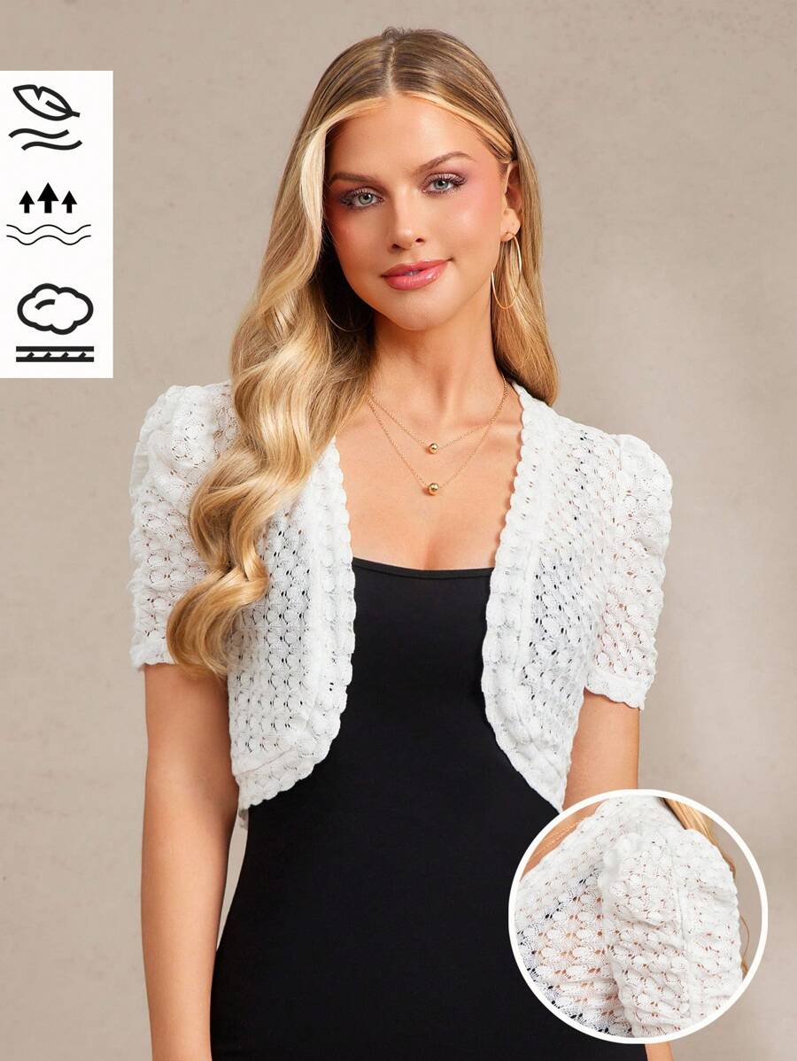 Amorya Women's Elegant Fashion White Lace Short Sleeve Cropped Thin Jacket, Suitable For Daily Commute And Versatile Wear, Autumn And Winter Cardigan For Women For Summer White Bolero - White - View 1