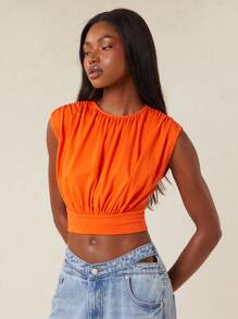 NYA SZN Top Short Sleeve Ruche Detail Casual Everyday Brunch Special Occasion Wedding Event Guest Bridal Party Modest Church Office Teacher Back To School Vacation Summer Spring Cotton Top Statement Festival Outfits For Women - Burnt Orange - View 5