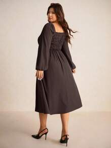 Elaquor Plus Size Elegant Casual Versatile Romantic Fitted Mid-Length Square Neck Coffee Color Dress For Women,Fall Clothes For Women