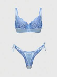 ROMWE Kawaii 可爱蕾丝睫毛蝴蝶结钢圈文胸和丁字裤内衣套装，性感 - 藍色 - 查看 2