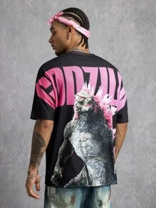 GODZILLAxKONG X SHEIN Men's Casual Monster & Letter Graphic Round Neck Short Sleeve T-Shirt, Summer - Black - View 4