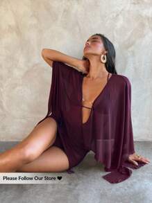 Aloruh Women New Chiffon Cover Up, Long Sleeve Sheer Tunic Top, Wine Red With Resin Chain Decor, Bat Wing Sleeve With Layering Design, Summer Beach Vacation - Burgundy - View 1