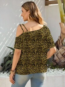 Glamance BiGraphic Women's Asymmetric Collar Allover Print Short Sleeve Casual T-Shirt, Summer Leopard Print Tops Cold Shoulder Tops For Women Cute Blouses For Women Off The Shoulder Top - White - View 2