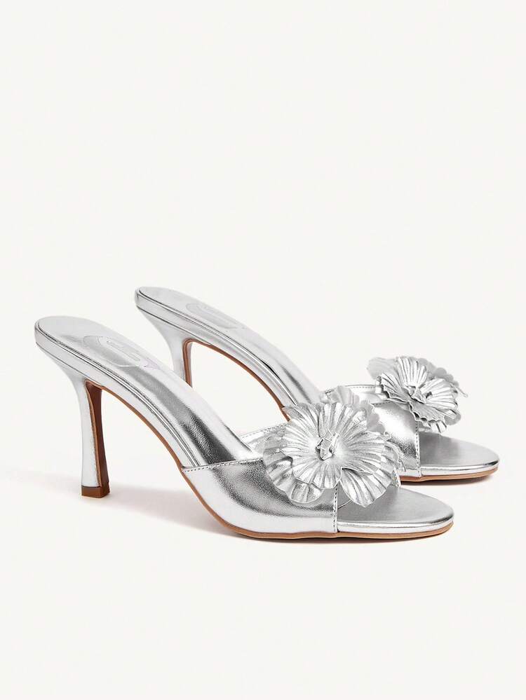 CUCCOO CHICEST Women's Elegant Floral Peep Toe High Heel Sandals, Romantic Sexy Fashion Silver Metallic Faux Leather Stilettos For Afternoon Tea, Date, Party, Formal Occasions, Holiday, Versatile, Valentine's Day, Cocktail,, Nightclub, Halloween