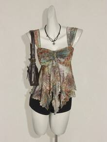 SHEIN ICON 女式西部复古波西米亚风热带植物印花褶饰不对称下摆时尚粗肩带吊带背心