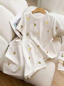 SHEIN 2 pezzi Set casual da donna composto da pantaloncini corti a girocollo e pantaloncini a forma di beeernern