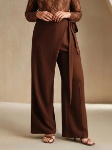 Anewsta Plus Size Women's Solid Color Wide Leg Pants, Elegant And Versatile - Mocha Brown - View 3