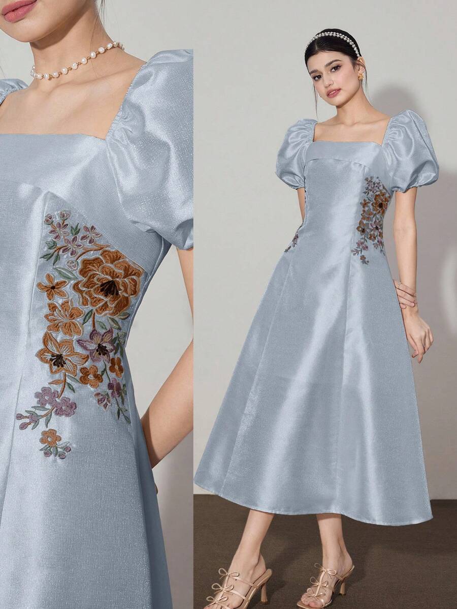 Modelyn 女士优雅派对花卉刺绣泡泡袖中长连衣裙 - 藍色 - 查看 1