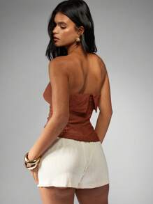 MISSGUIDED Linen Bandeau Strapless Evening Club Party Ruched Design Dinner Formal Occasion Summer Resort Wear Fashion Top - Coffee Brown - View 2