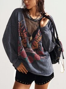 Bohemela Plus Size Women Butterfly Print Crew Neck Drop Shoulder Long Sleeve Casual Loose Sweatshirt