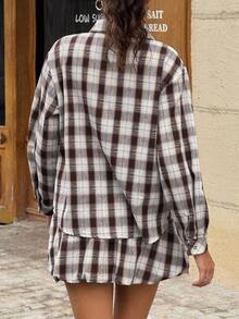 Jouncy 2 Pieces Plaid Shirt Set For Women, Collegiate Style Fall Cloth For Women - Coffee Brown - View 2