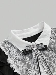 ROMWE EDITION Đầm xòe xếp ly cổ Peter Pan họa tiết ren chắp vá dễ thương cỡ lớn cho nữ - màu đen - Xem 9