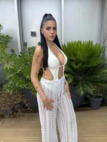 Lucia Bellido 女式罩衫沙滩装，优雅性感复古风格针织半透明阔腿裤，适合春夏季度假波西米亚风裤子女士女士阔腿罩衫泳装裤低腰裤女士沙滩装乡村音乐会装 - 米色 - 查看 5
