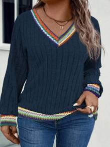 EMERY ROSE Women's V-Neck Patchwork Vintage Print Long Sleeve Plus Size Sweatshirt, Autumn/Winter Fall Cloth For Women