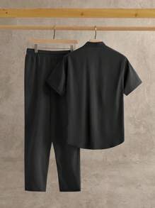 HIMLAND 2pcs/Set Men's Casual Plaid Shirt Set Men Casual Sets Men 2 Piece Set  Men Matching Vacation Set Pants And Shirt Set Men Pajama Set