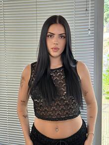 Lucia Bellido WYWH 女士度假针织钩针背心和开衩下摆裙套装，音乐节波西米亚风格 - 黑色 - 查看 4