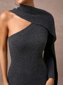 Lumalex Fall Winter Goth Modest Old Money Glitter Holiday Party Outfit Rave Festival Outing Vacation Bohemian BOHO Outdoor Richly Layered Wedding Season Banquet Coming Of Age Ceremony Asymmetrical Neck Wrap Neck Bodycon Knit Dress For Women Open Shoulder Dress Elegant One Sleeve Dress Maxi Dress Asymmetrical Dress Gray Dress Luxury Prom Christmas New Year - Dark Grey - View 7
