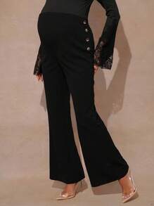 MaterniChic Pantaloni eleganti a zampa con design a bottoni regolabili in vita, colore tinta unita, per gravidanza - nero - Visualizzare 6