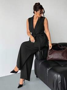Firerie 大码女装休闲优雅通勤简约纯黑色神秘无袖系带背心马甲腰系带宽松阔腿裤带口袋两件套/演唱会改良机场教师工作服，秋季女装大码裤装套装大码两件套女优雅两件套两件套裤子套装女秋季 - 黑色 - 查看 2
