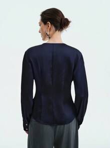 Aalyst Women's Long Sleeve Shiny Fabric Office Commute Blouse, Waist Design, Minimalist Solid Navy Color, Asymmetric Hem Fall Cloth For Women