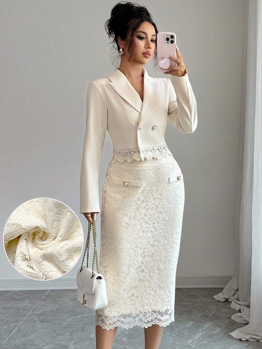 Modelyn Women's Suit Jacket With Contrast Lace & Button Decor + Lace Button Decor Skirt, Elegant 2 Pieces Set Fall Cloth For Women - Apricot - View 1