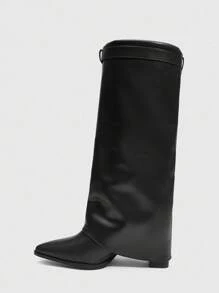 Daringsoles 女式尖头粗跟绒面西部流苏靴，修身高筒靴 - 黑色 - 查看 7