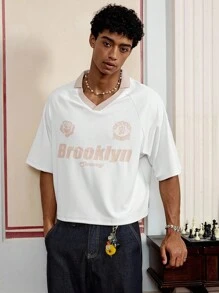 Manfinity VCAY Men's Casual Street Sports Letter & Floral Print Contrast V-Neck Raglan Sleeve Loose T-Shirt, Summer - White - View 1