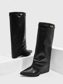 Daringsoles 女式尖头粗跟绒面西部流苏靴，修身高筒靴 - 黑色 - 查看 9