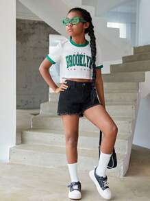 Tween Girl White Alphabet Sports Style Simple Fashionable Basic Short Sleeve T-Shirt With Round Neck For Summer,Holiday,Summer,Travel - White - View 3