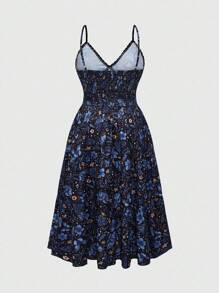 ROMWE Goth 加大码深紫色飞蛾与花卉印花超长吊带裙