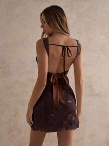 Glamine 女士浪漫性感露背迷你连衣裙，夏季 - 咖啡 - 查看 2