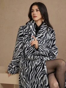 DAZY Zebra Print Thermal Lined Thick Warm Long Faux Fur Coat For Women - Black and White - View 6