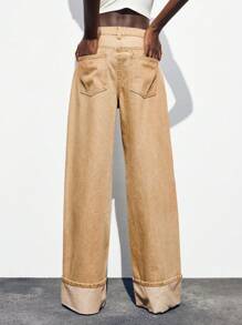 Maija 女士棕色牛仔裤低腰直筒卷边复古西部牛仔风格秋季外出装