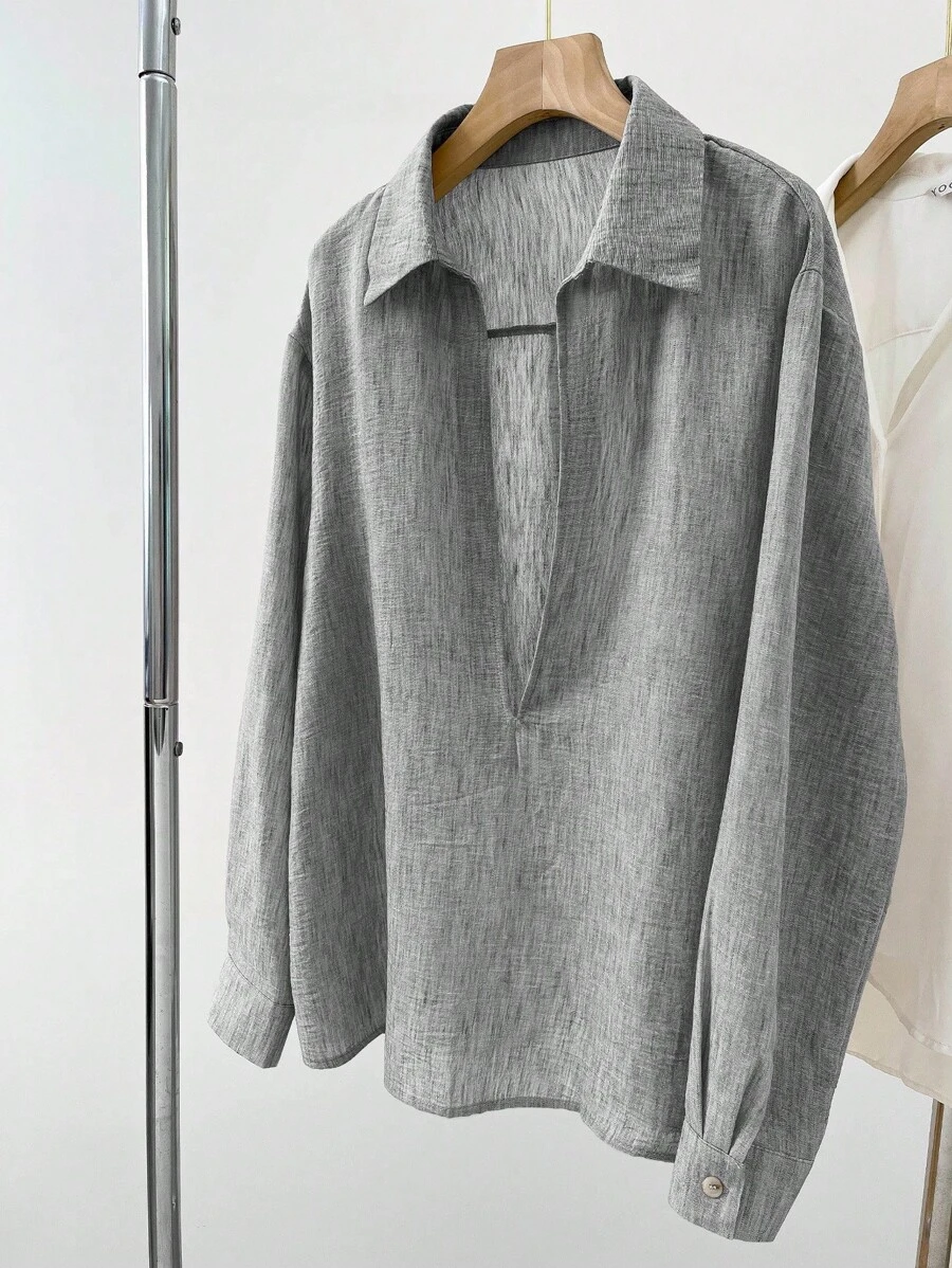 SHEIN 宽松舒适法式深V领超大休闲套头衫 - 灰色 - 查看 1