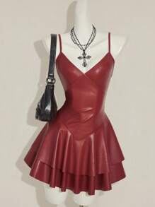 SHEIN ICON Y2K 女士酒红色 PU 皮革性感 V 领迷你连衣裙