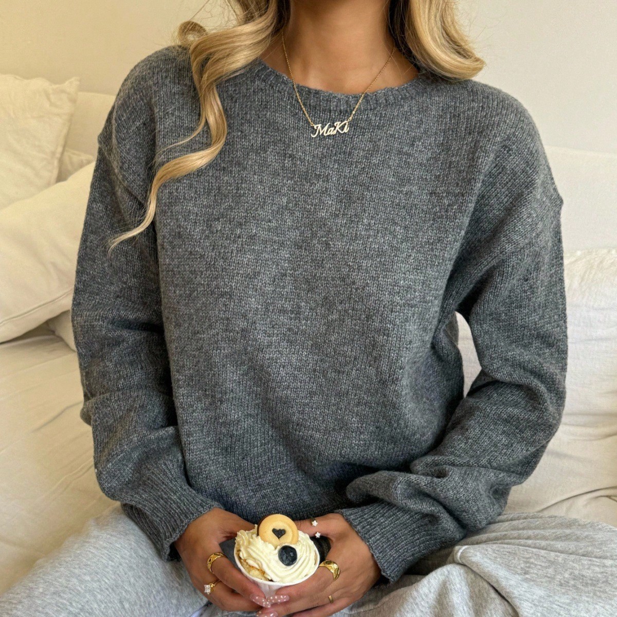 Suéter de manga farol corto de unicolor de manga larga para niñas adolescentes, gris para otoño e invierno