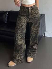DAZY Women's Fashion Leopard Print Straight Leg Jeans - Brown - View 5