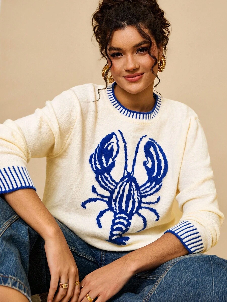 Travachic 大码女式条纹撞色饰边和色块休闲度假毛衣，饰有龙虾图案，秋冬龙虾毛衣女式毛衣龙虾服装女式套头衫新奇毛衣女式毛衣套头衫沙滩毛衣秋季女式外出上衣大码女式毛衣白色毛衣 - 藍白色 - 查看 1