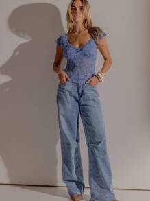 Aralina 弹力蕾丝夏季优雅外出度假上衣 - 霧霾藍 - 查看 5