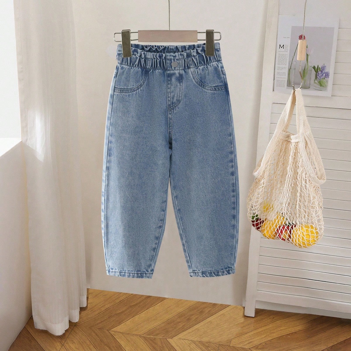 Nuevas llegadas Jeans con forma de capullo para niñas, denim lavado vintage, cintura fruncida, tela suave y cómoda, moda versátil diaria, jeans par